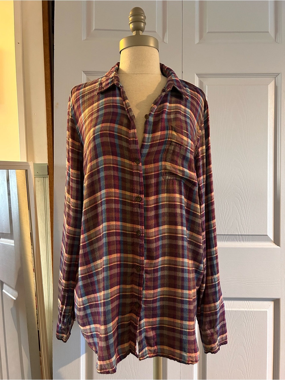 Lucky Brand Plaid Button Down Shirt M Rayon Split Back Boho Tunic